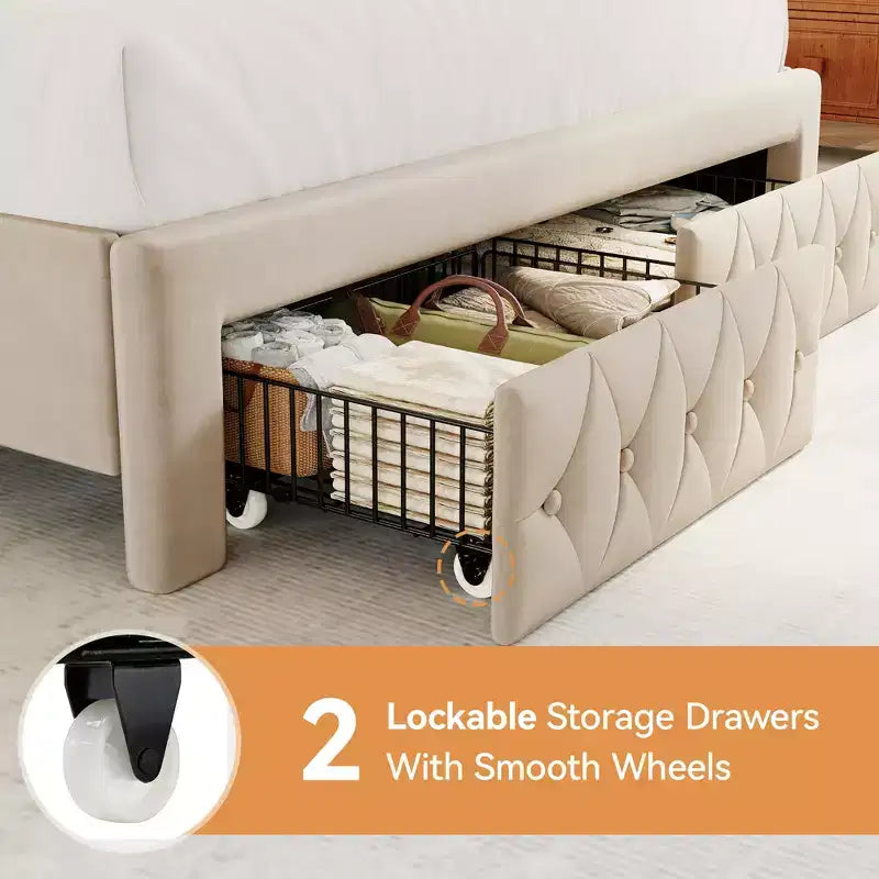 Struttura Letto Matrimoniale (Queen Size), Letto a Piattaforma Rivestito in Velluto - Testiera Alta 133,6 cm con Alette e Trapuntatura Verticale, 2 Cassetti Contenitore, Nessun Sommier a Molle Necessario