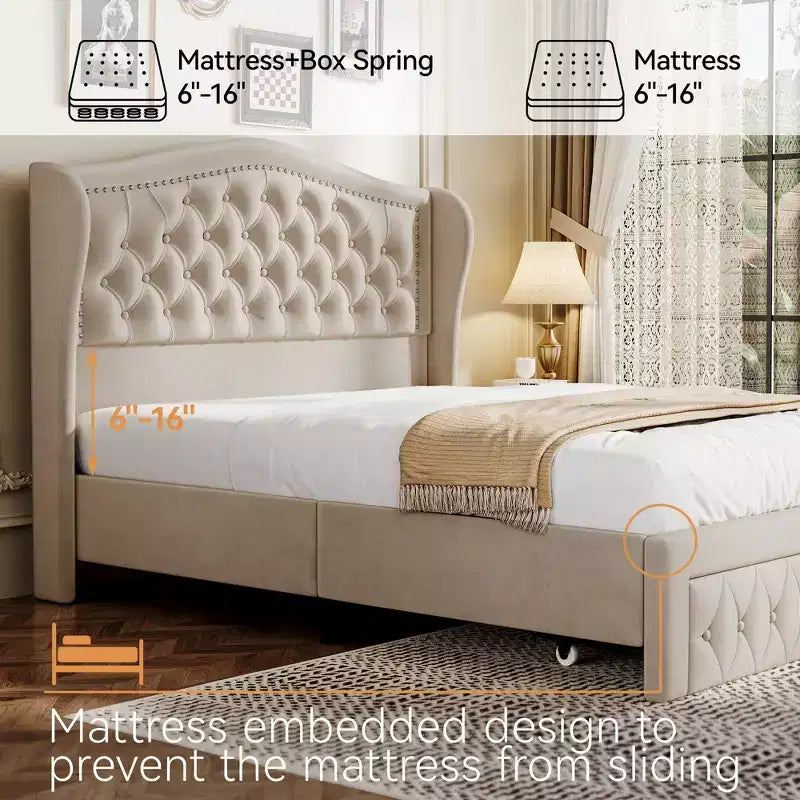 Struttura Letto Matrimoniale (Queen Size), Letto a Piattaforma Rivestito in Velluto - Testiera Alta 133,6 cm con Alette e Trapuntatura Verticale, 2 Cassetti Contenitore, Nessun Sommier a Molle Necessario
