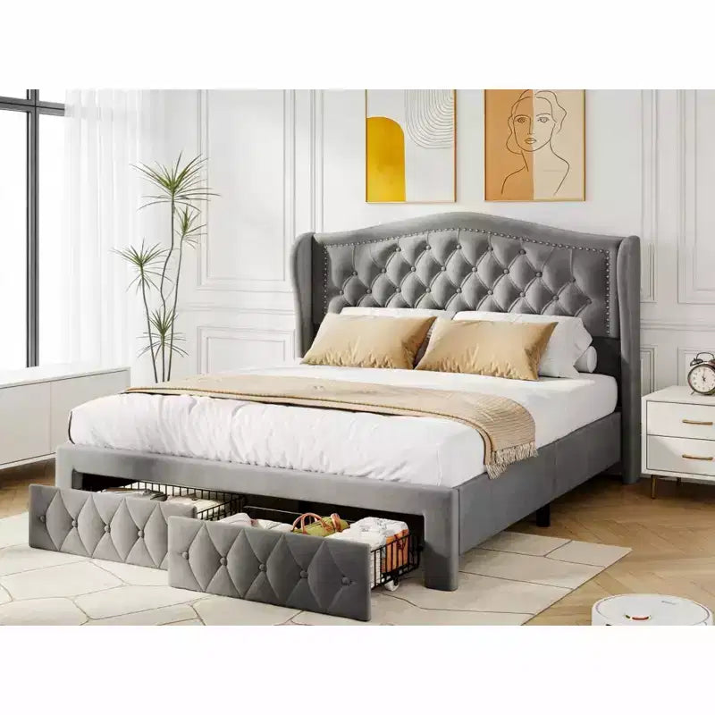 Struttura Letto Matrimoniale (Queen Size), Letto a Piattaforma Rivestito in Velluto - Testiera Alta 133,6 cm con Alette e Trapuntatura Verticale, 2 Cassetti Contenitore, Nessun Sommier a Molle Necessario