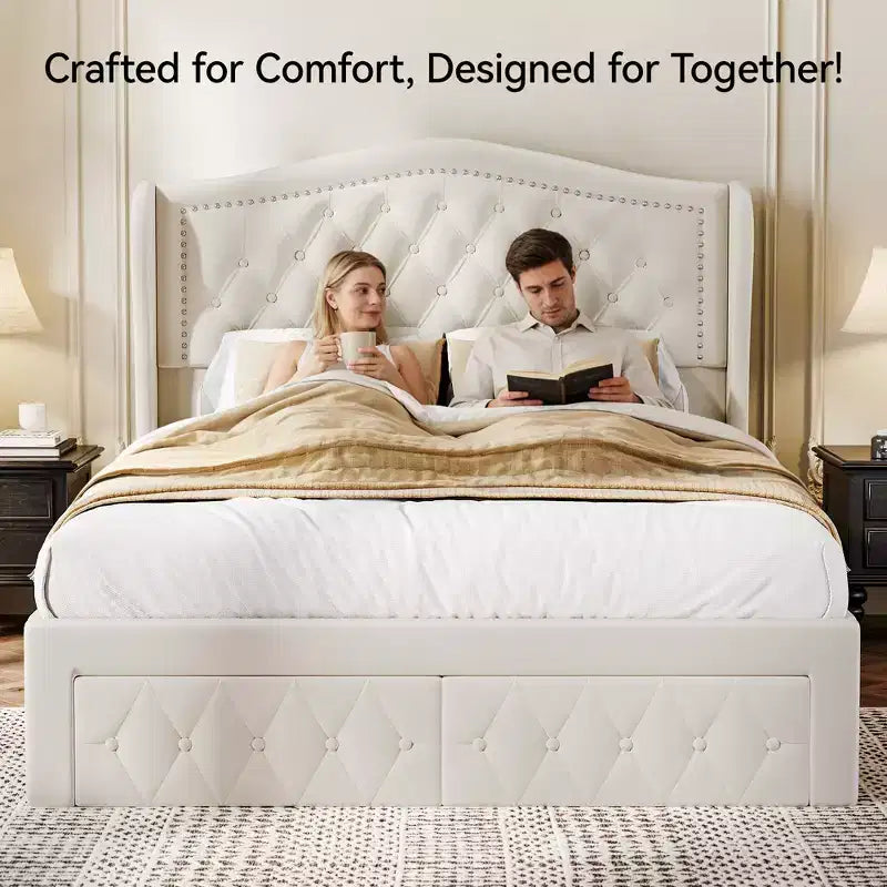 Struttura Letto Matrimoniale (Queen Size), Letto a Piattaforma Rivestito in Velluto - Testiera Alta 133,6 cm con Alette e Trapuntatura Verticale, 2 Cassetti Contenitore, Nessun Sommier a Molle Necessario