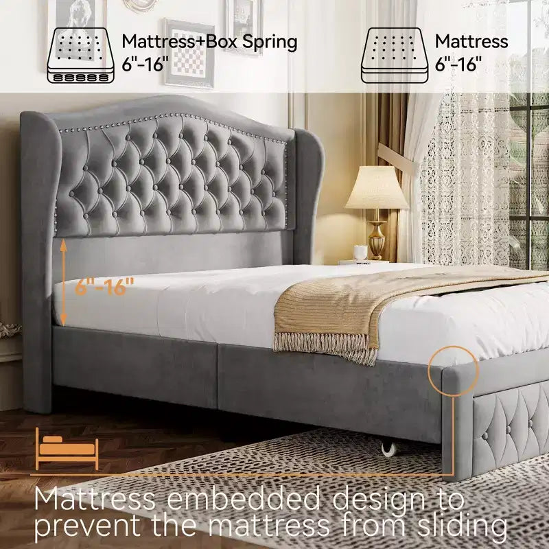 Struttura Letto Matrimoniale (Queen Size), Letto a Piattaforma Rivestito in Velluto - Testiera Alta 133,6 cm con Alette e Trapuntatura Verticale, 2 Cassetti Contenitore, Nessun Sommier a Molle Necessario
