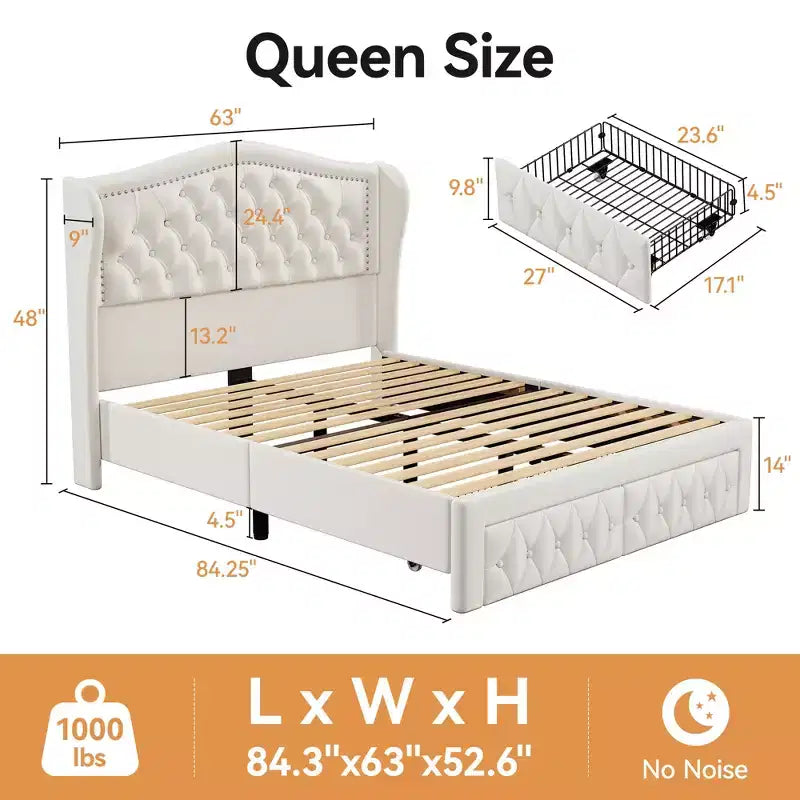 Struttura Letto Matrimoniale (Queen Size), Letto a Piattaforma Rivestito in Velluto - Testiera Alta 133,6 cm con Alette e Trapuntatura Verticale, 2 Cassetti Contenitore, Nessun Sommier a Molle Necessario