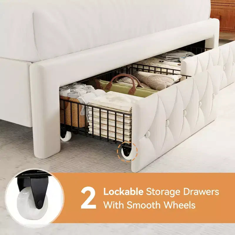 Struttura Letto Matrimoniale (Queen Size), Letto a Piattaforma Rivestito in Velluto - Testiera Alta 133,6 cm con Alette e Trapuntatura Verticale, 2 Cassetti Contenitore, Nessun Sommier a Molle Necessario