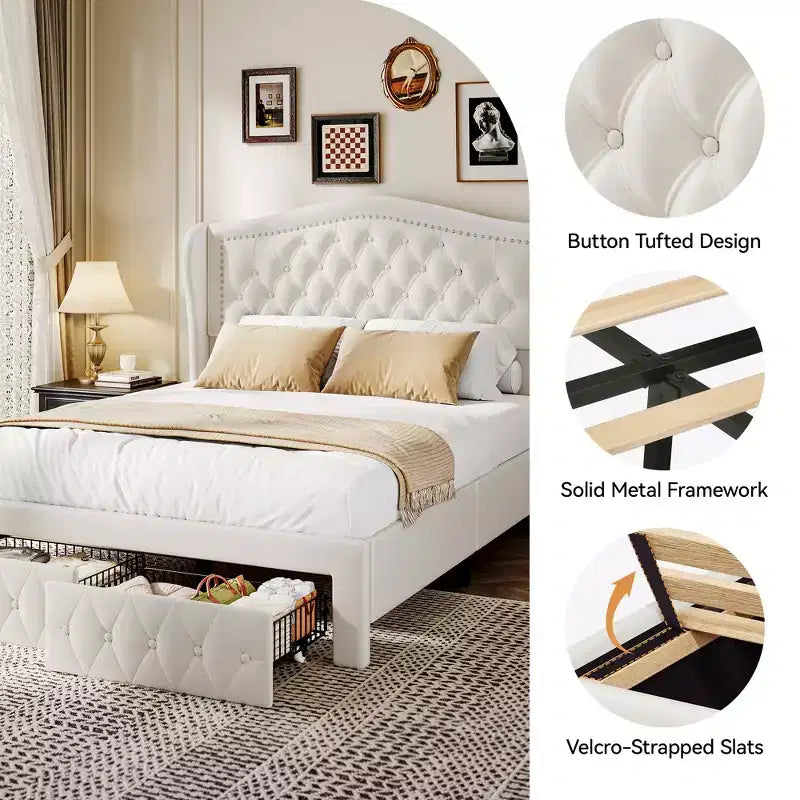 Struttura Letto Matrimoniale (Queen Size), Letto a Piattaforma Rivestito in Velluto - Testiera Alta 133,6 cm con Alette e Trapuntatura Verticale, 2 Cassetti Contenitore, Nessun Sommier a Molle Necessario