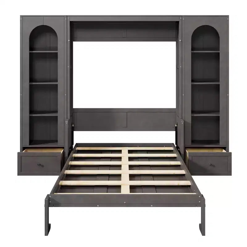 Letto a scomparsa Queen Size con armadietti laterali e luce LED, letto a scomparsa con ripiani e cassetti per la camera degli ospiti, grigio