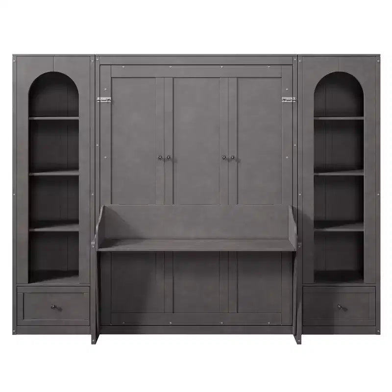 Letto a scomparsa Queen Size con armadietti laterali e luce LED, letto a scomparsa con ripiani e cassetti per la camera degli ospiti, grigio