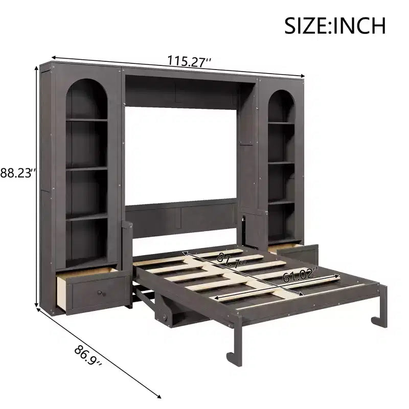 Letto a scomparsa Queen Size con armadietti laterali e luce LED, letto a scomparsa con ripiani e cassetti per la camera degli ospiti, grigio