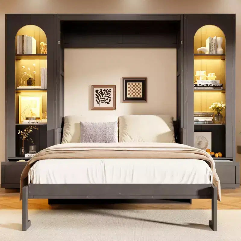 Letto a scomparsa Queen Size con armadietti laterali e luce LED, letto a scomparsa con ripiani e cassetti per la camera degli ospiti, grigio
