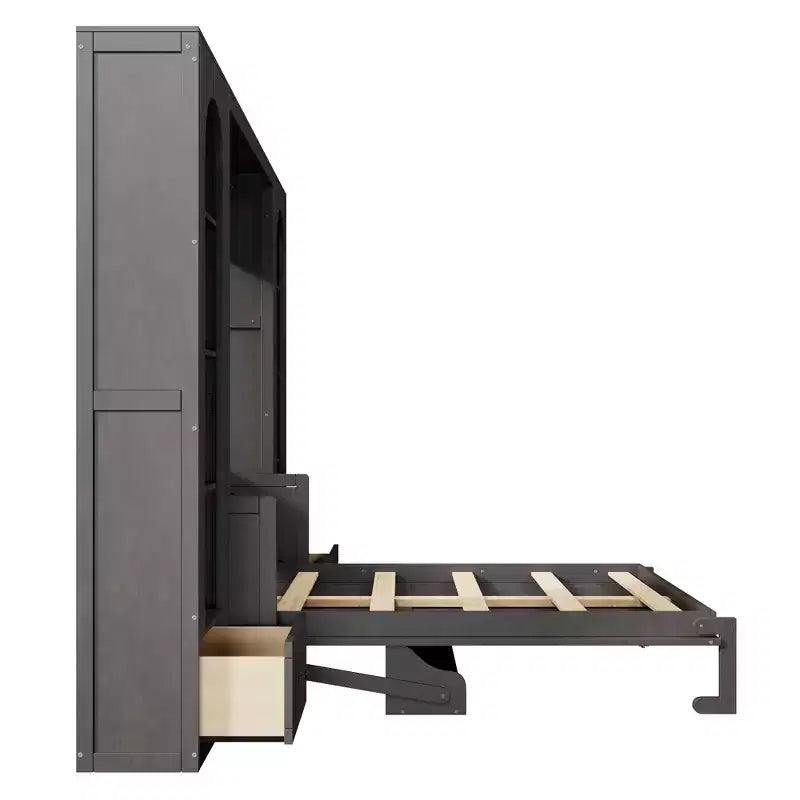 Letto a scomparsa Queen Size con armadietti laterali e luce LED, letto a scomparsa con ripiani e cassetti per la camera degli ospiti, grigio