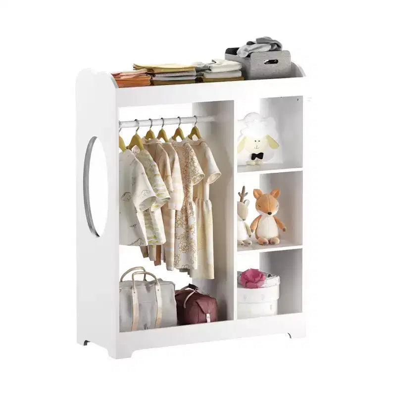 Porta Abiti per Bambini con Specchio, Organizzatore di Costumi in Legno con Asta Appendiabiti, Ganci e Ripiani, Bianco