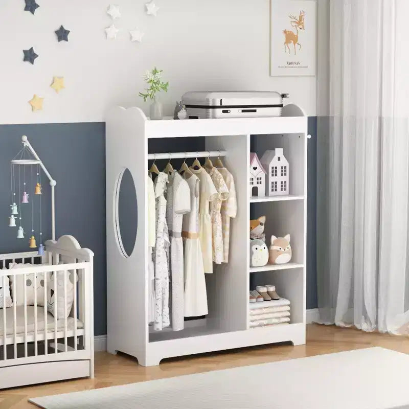 Porta Abiti per Bambini con Specchio, Organizzatore di Costumi in Legno con Asta Appendiabiti, Ganci e Ripiani, Bianco