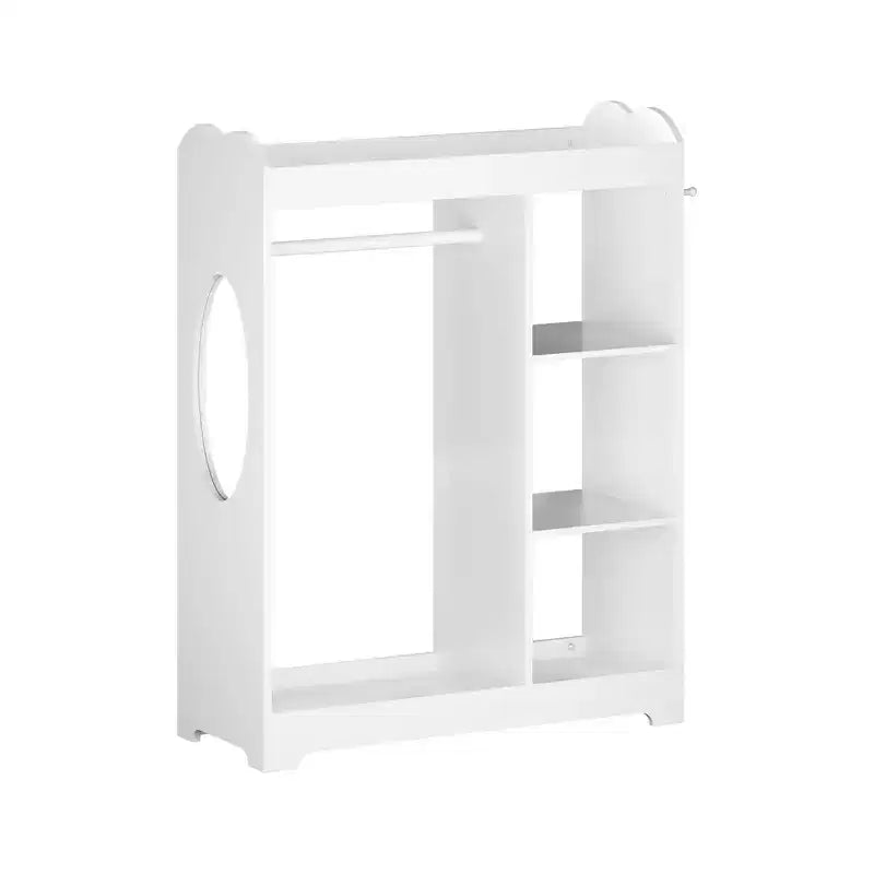 Porta Abiti per Bambini con Specchio, Organizzatore di Costumi in Legno con Asta Appendiabiti, Ganci e Ripiani, Bianco