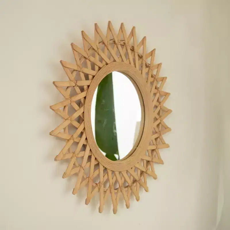 Specchio decorativo da parete moderno rotondo in bambù da 24 pollici con lavorazione intrecciata, piccolo specchio circolare per ingresso o soggiorno