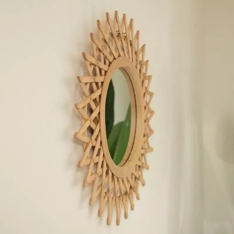 Specchio decorativo da parete moderno rotondo in bambù da 24 pollici con lavorazione intrecciata, piccolo specchio circolare per ingresso o soggiorno