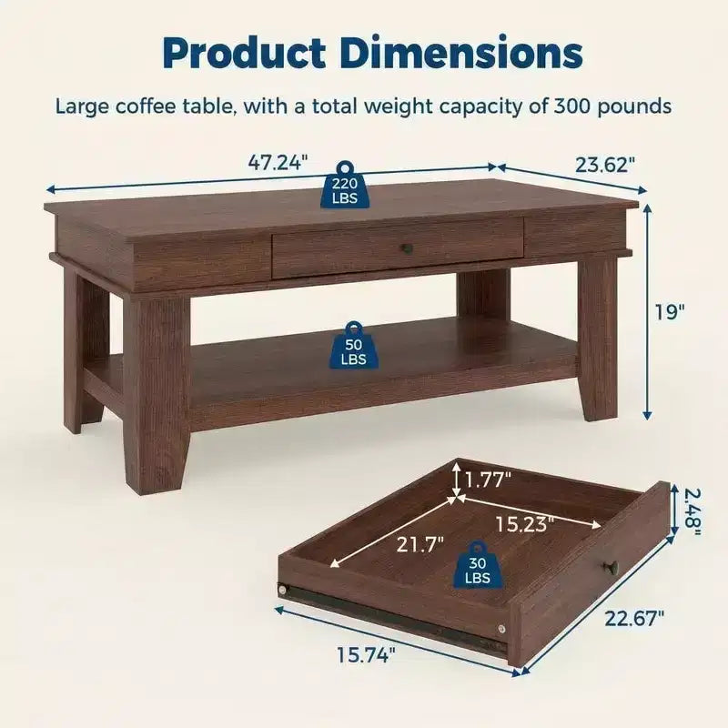 Tavolino da caffè rustico da 120 cm con capacità di 136 kg, con cassetto e ripiano, perfetto per il soggiorno (confezione da 1)