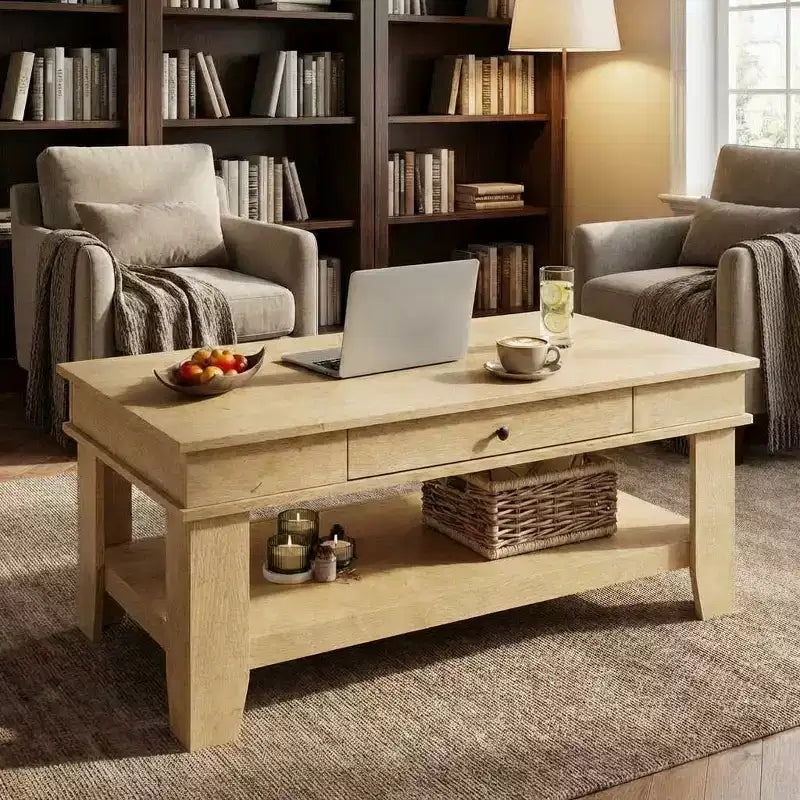 Tavolino da caffè rustico da 120 cm con capacità di 136 kg, con cassetto e ripiano, perfetto per il soggiorno (confezione da 1)