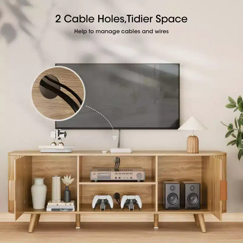 Mobile porta TV da 55 pollici per camera da letto e soggiorno, mobile porta TV in rovere per TV fino a 65 pollici, mobile TV moderno di metà secolo con dettagli in legno scanalato e gestione dei cavi