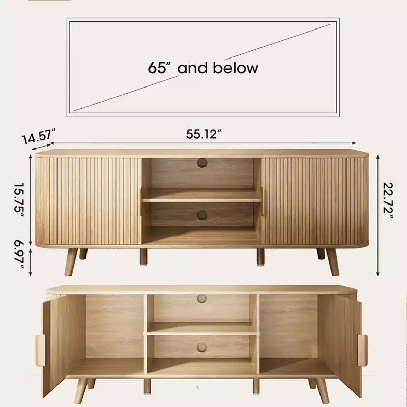 Mobile porta TV da 55 pollici per camera da letto e soggiorno, mobile porta TV in rovere per TV fino a 65 pollici, mobile TV moderno di metà secolo con dettagli in legno scanalato e gestione dei cavi