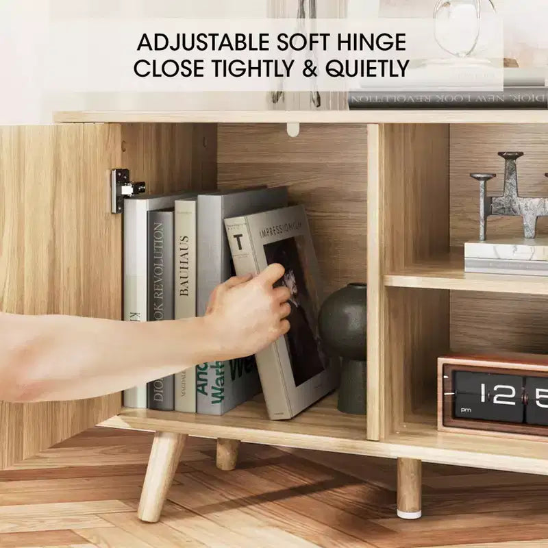 Mobile porta TV da 55 pollici per camera da letto e soggiorno, mobile porta TV in rovere per TV fino a 65 pollici, mobile TV moderno di metà secolo con dettagli in legno scanalato e gestione dei cavi