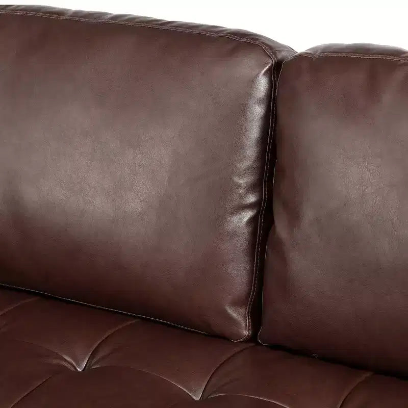 Divano a 3 posti in pelle sintetica, divano moderno di metà secolo con design trapuntato, gambe in legno massello, 2 cuscini a rullo