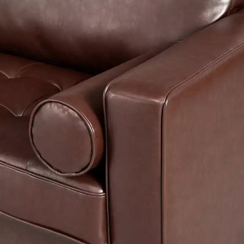 Divano a 3 posti in pelle sintetica, divano moderno di metà secolo con design trapuntato, gambe in legno massello, 2 cuscini a rullo