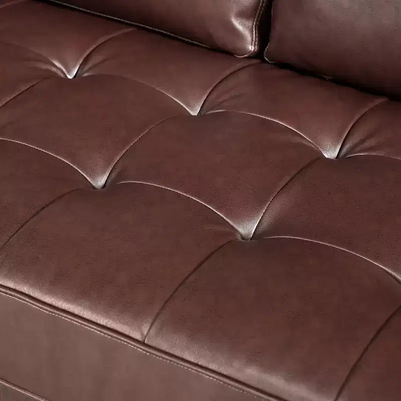 Divano a 3 posti in pelle sintetica, divano moderno di metà secolo con design trapuntato, gambe in legno massello, 2 cuscini a rullo