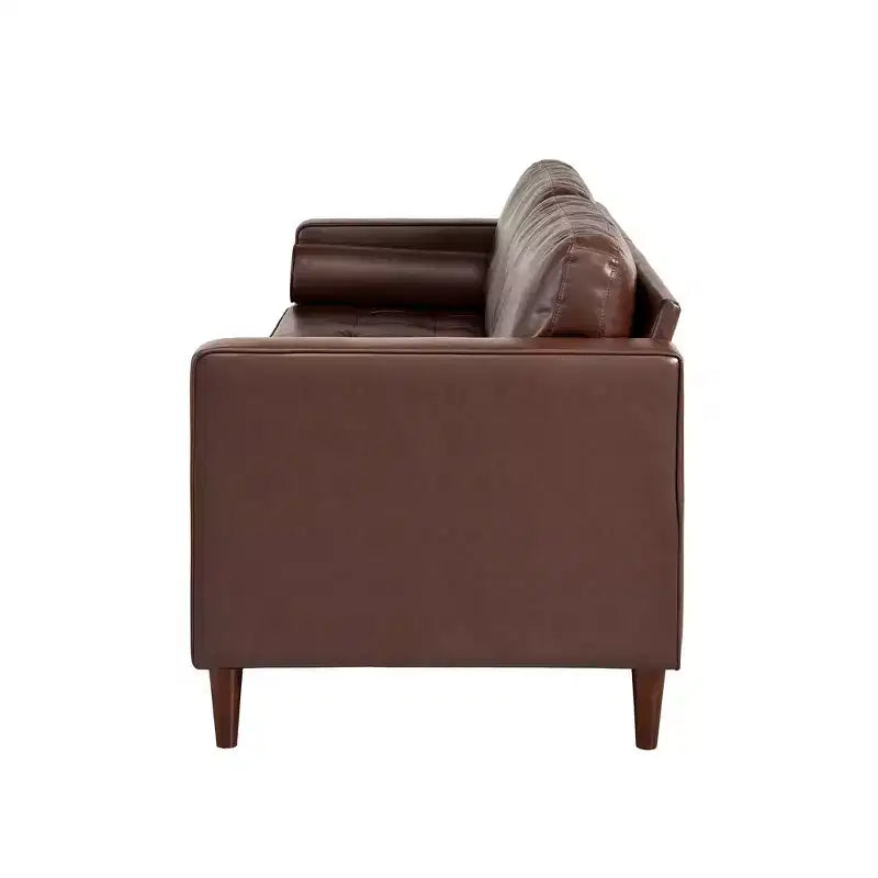 Divano a 3 posti in pelle sintetica, divano moderno di metà secolo con design trapuntato, gambe in legno massello, 2 cuscini a rullo