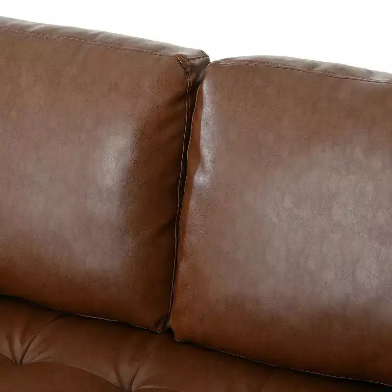 Divano a 3 posti in pelle sintetica, divano moderno di metà secolo con design trapuntato, gambe in legno massello, 2 cuscini a rullo