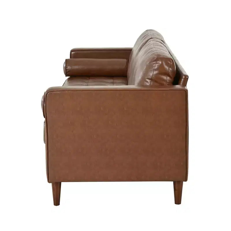 Divano a 3 posti in pelle sintetica, divano moderno di metà secolo con design trapuntato, gambe in legno massello, 2 cuscini a rullo