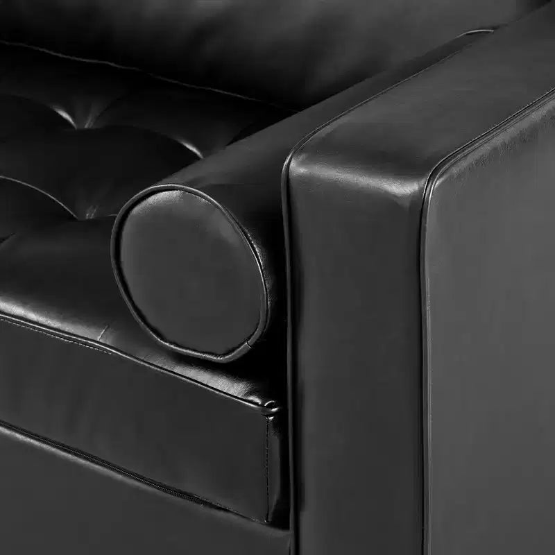 Divano a 3 posti in pelle sintetica, divano moderno di metà secolo con design trapuntato, gambe in legno massello, 2 cuscini a rullo