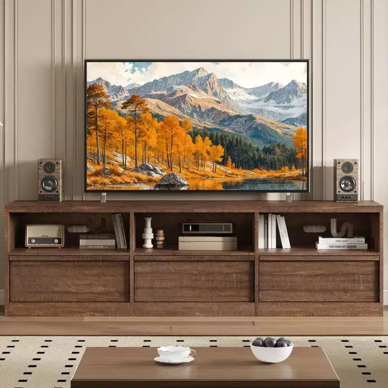 Mobile Porta TV Moderno Metà Secolo da 70 Pollici - Ampia Console Multimediale per TV fino a 80 Pollici, con Ripiani Aperti, Centro Intrattenimento per Soggiorno/Camera da Letto