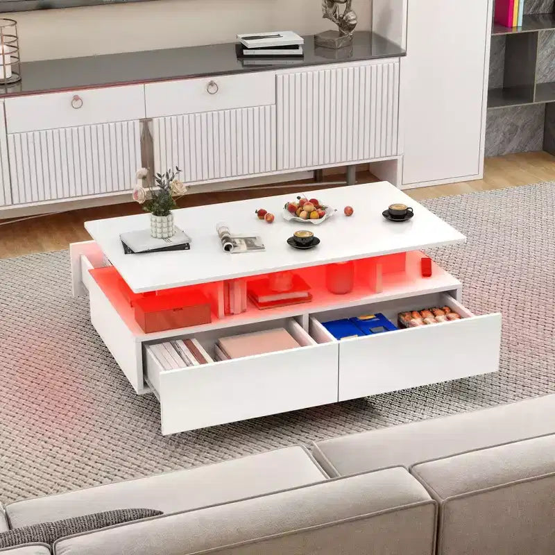 Tavolino da Caffè a LED con Contenitore a 4 Cassetti, Tavolino Moderno Lucido per Soggiorno, Tavolino Piccolo con Scaffale a Giorno, Bianco