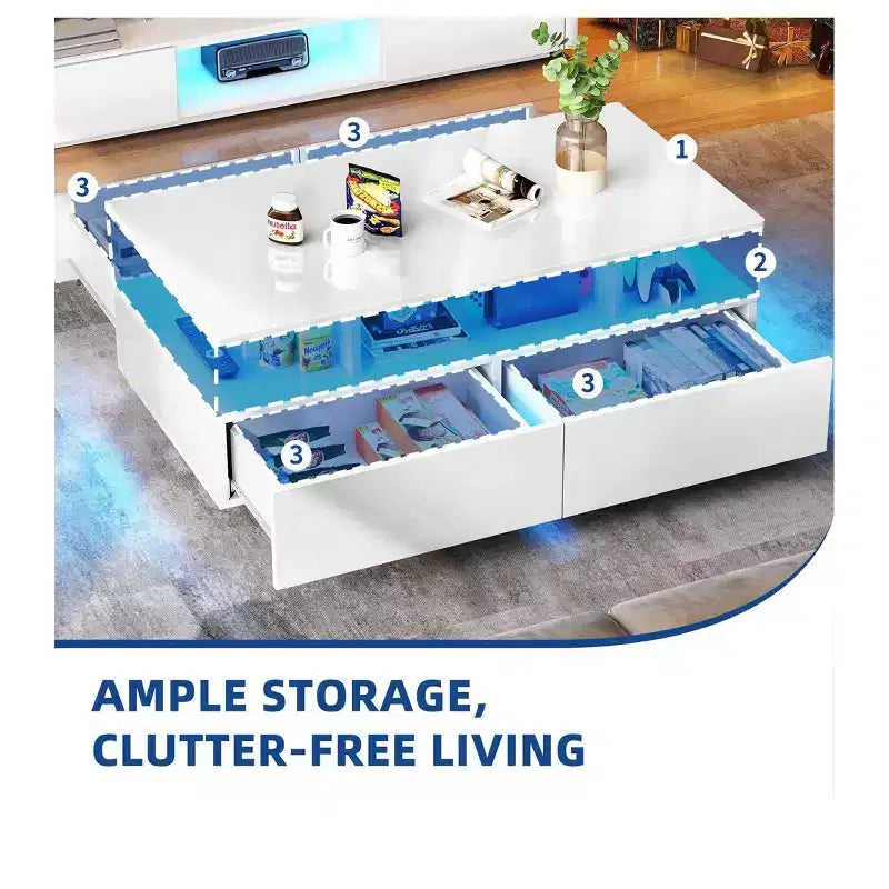 Tavolino da Caffè a LED con Contenitore a 4 Cassetti, Tavolino Moderno Lucido per Soggiorno, Tavolino Piccolo con Scaffale a Giorno, Bianco