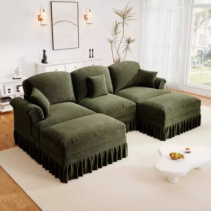 Divano a U in ciniglia stile moderno della metà del secolo da 107 pollici, con orlo arricciato rimovibile, divani componibili con cuscini decorativi e 2 pouf, verde