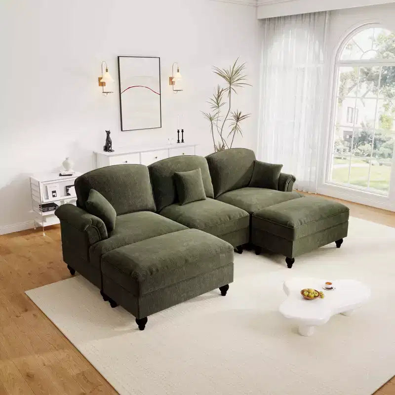 Divano a U in ciniglia stile moderno della metà del secolo da 107 pollici, con orlo arricciato rimovibile, divani componibili con cuscini decorativi e 2 pouf, verde