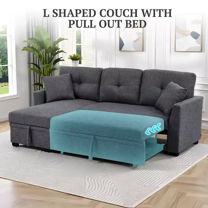 Divano sezionale moderno 86 con chaise longue reversibile, divano letto a 3 posti trasformabile a L, divano estraibile in tessuto simile al lino, grigio