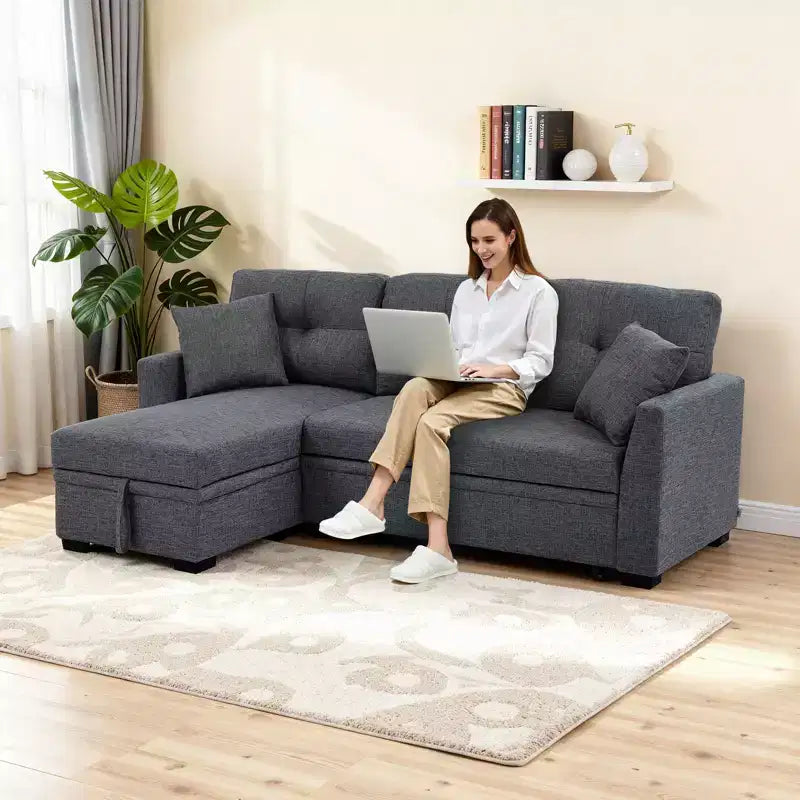 Divano sezionale moderno 86 con chaise longue reversibile, divano letto a 3 posti trasformabile a L, divano estraibile in tessuto simile al lino, grigio