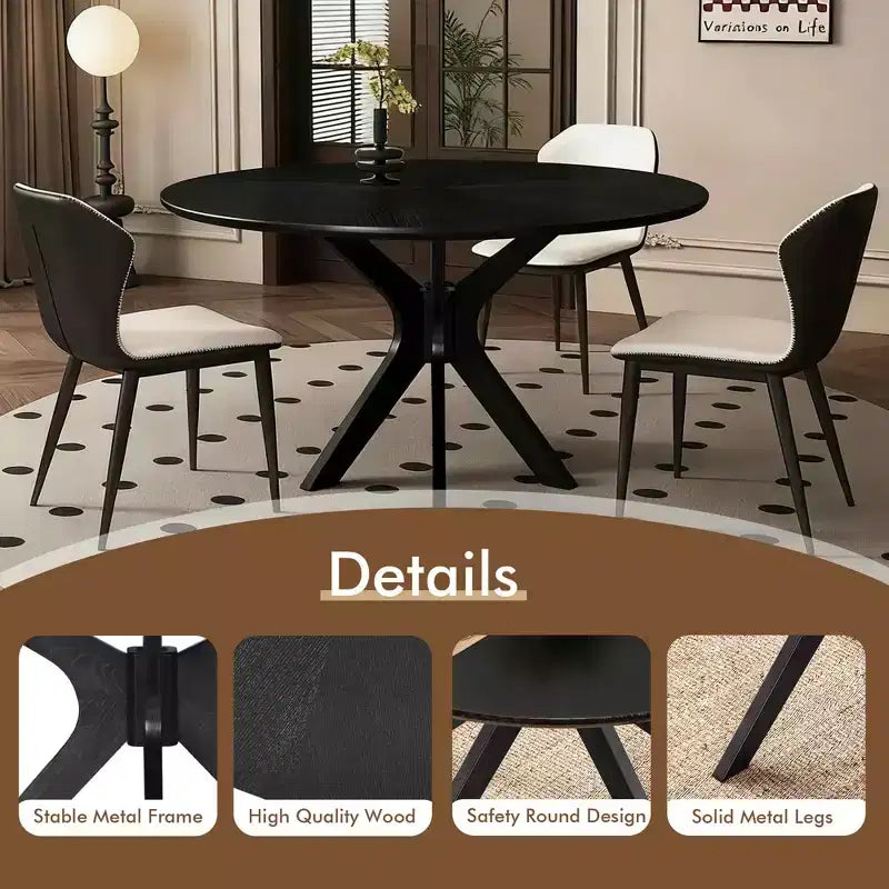 Tavolo da pranzo rotondo in legno massello da 47", base a piedistallo intersecante nera 4-6 posti per cucina e sala da pranzo