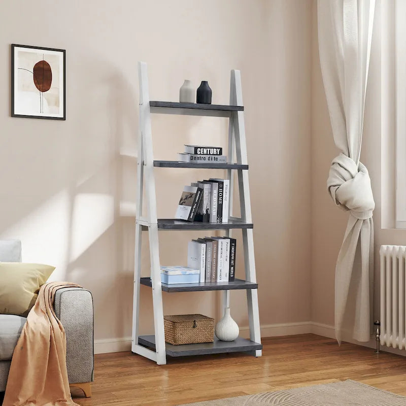 5-Tier Solid Rubber Wood Ladder Shelf for Living Room Office or Kitchen