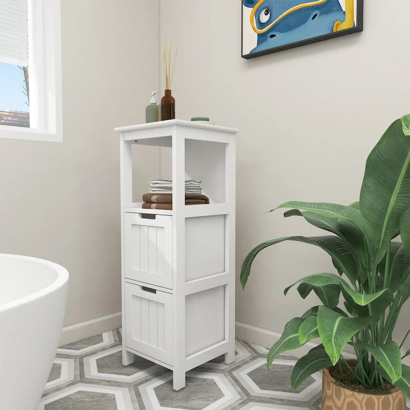 Bathroom Floor Cabinet with 2 Deep Drawers and Storage Shelf White