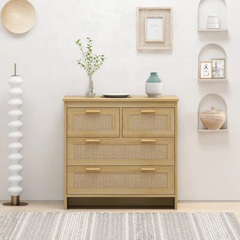 4-Drawer Wood Rattan Cabinet with Smooth Guide Rails Natural Finish