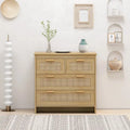 4-Drawer Wood Rattan Cabinet with Smooth Guide Rails Natural Finish