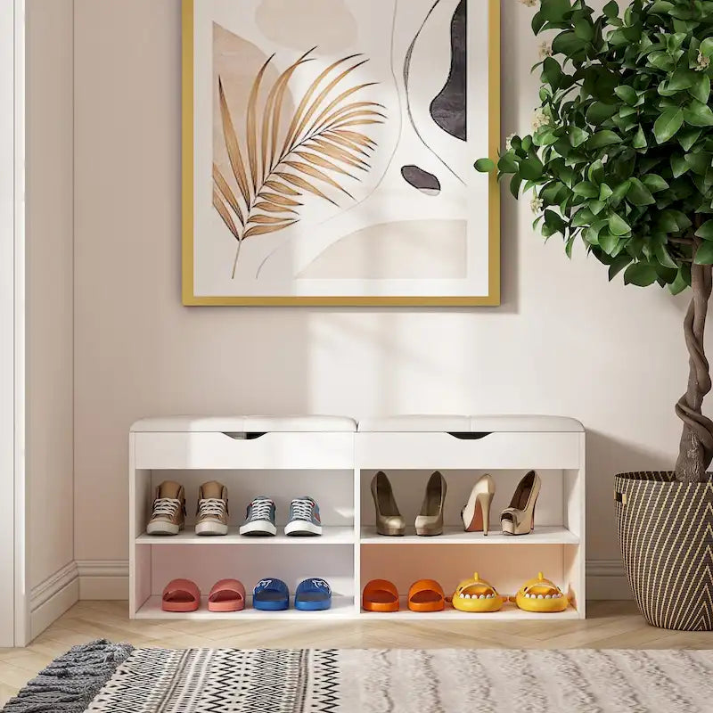 Shoe Storage Bench with Two Tier Rack and Cabinet White