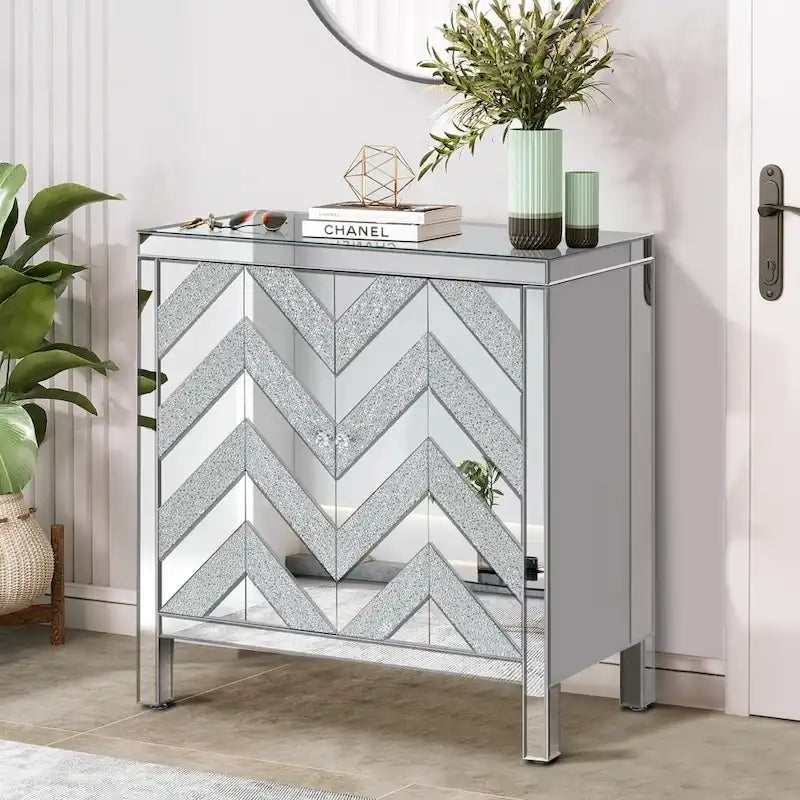 Silver Mirror Trim Storage Cabinet with Crystal Handles for Living Room or Kitchen