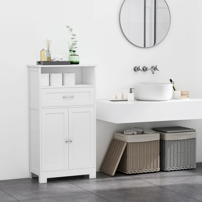 Modern Bathroom Storage Cabinet Freestanding with Drawer and Adjustable Shelf White