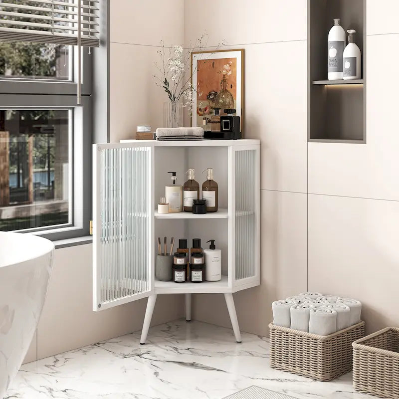 Floor Corner Cabinet with Tempered Glass Door White and Black 22 Inch