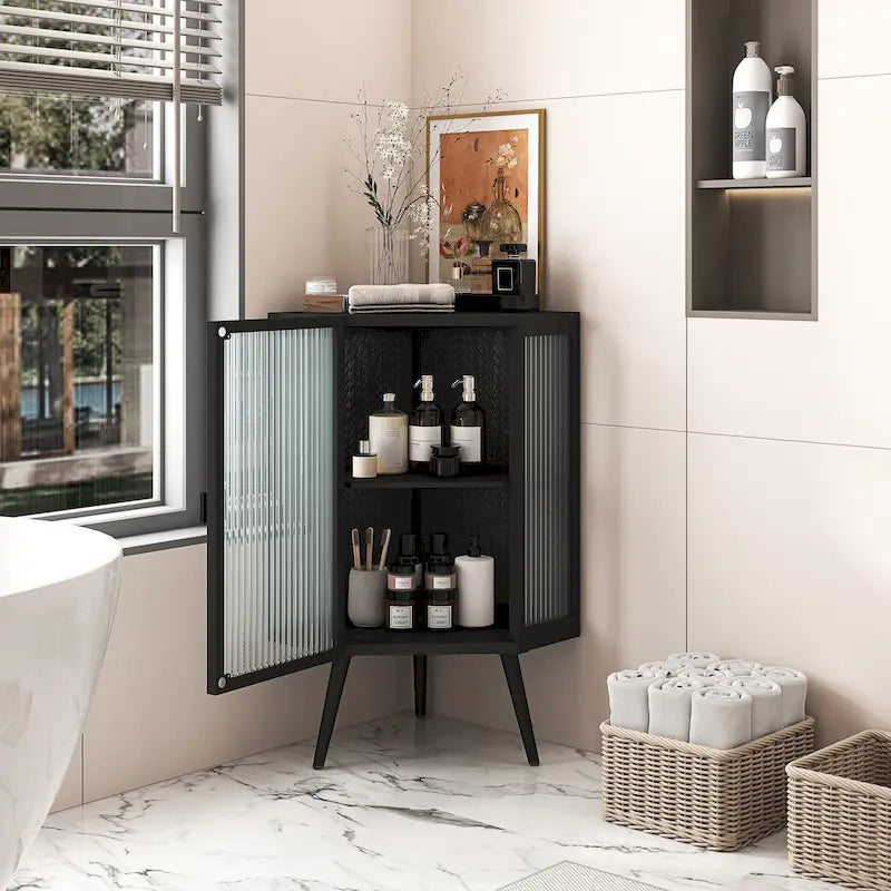 Floor Corner Cabinet with Tempered Glass Door White and Black 22 Inch