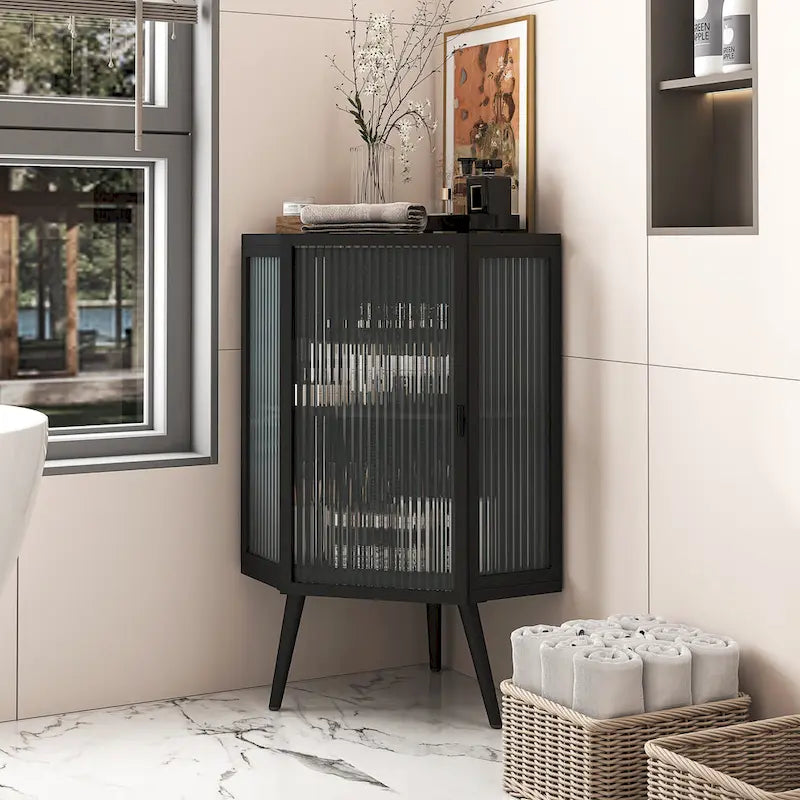 Floor Corner Cabinet with Tempered Glass Door White and Black 22 Inch