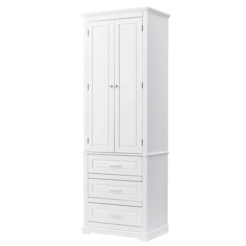 Tall Bathroom Storage Cabinet with Three Drawers and Upper Cabinet Shelves