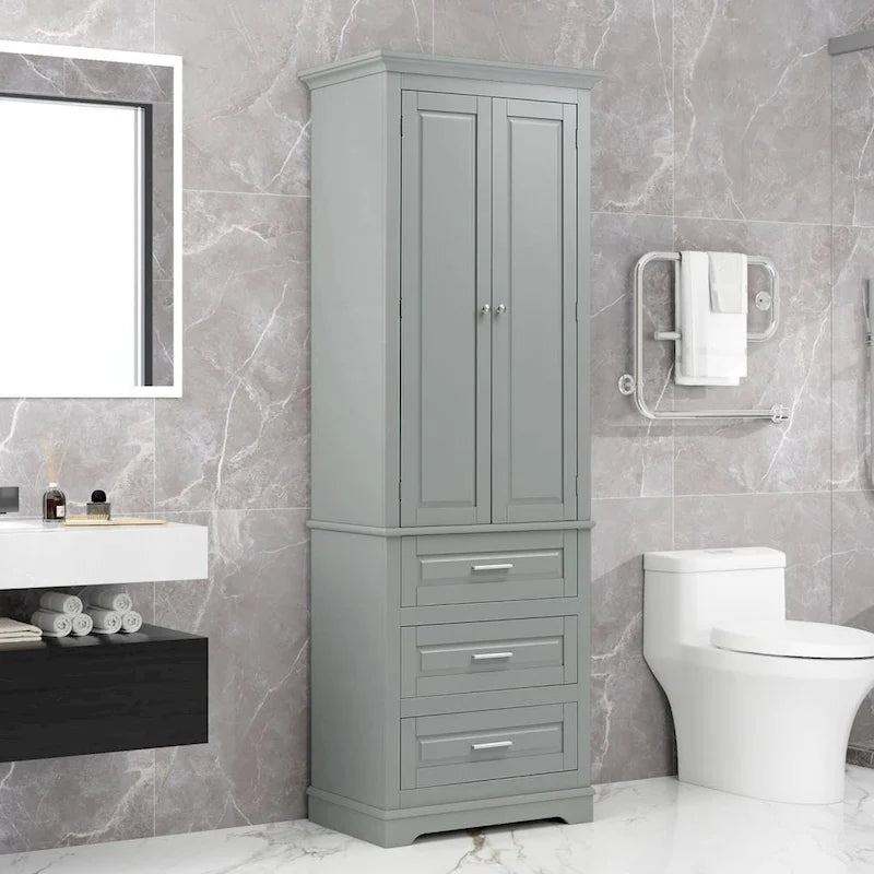Tall Bathroom Storage Cabinet with Three Drawers and Upper Cabinet Shelves